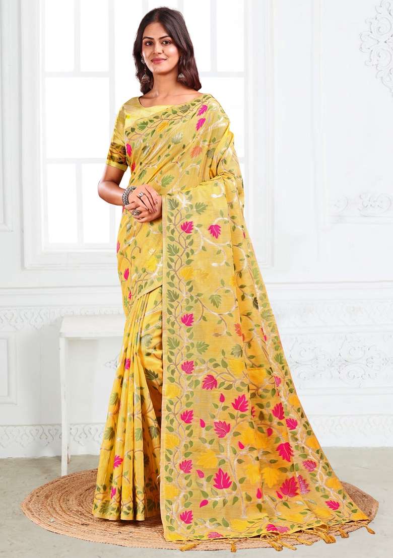 Yellow Linen Saree Set with Floral Print for Diwali | Wedding & Festive Wear - Indya