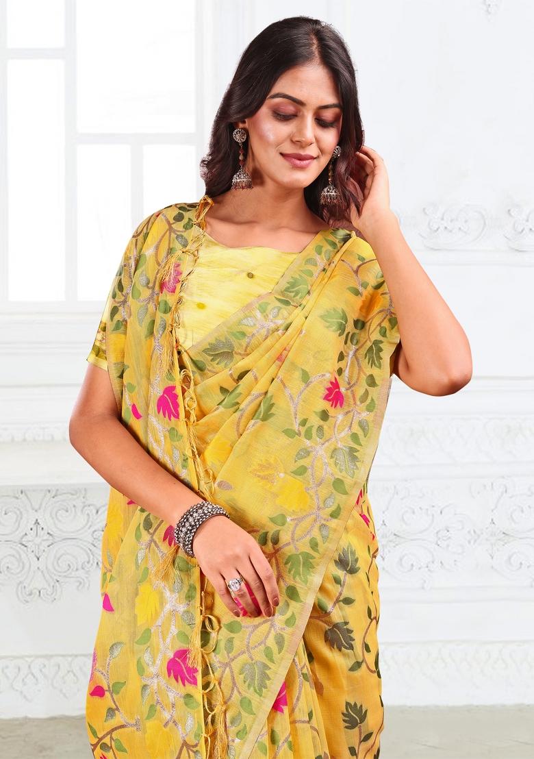 Yellow Floral Print Linen Saree Set - Indya