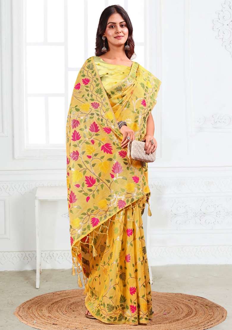 Yellow Linen Saree Set with Floral Print for Diwali | Wedding & Festive Wear - Indya