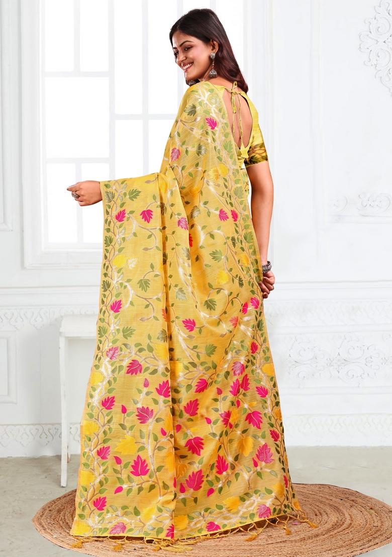 Yellow Floral Print Linen Saree Set - Indya