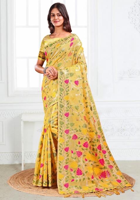 Yellow Floral Print Linen Saree Set