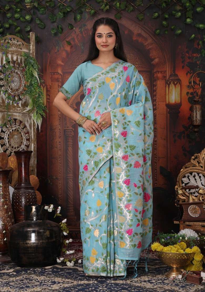 Blue Floral Print Linen Saree Set for Diwali and Festive Wear - Indya