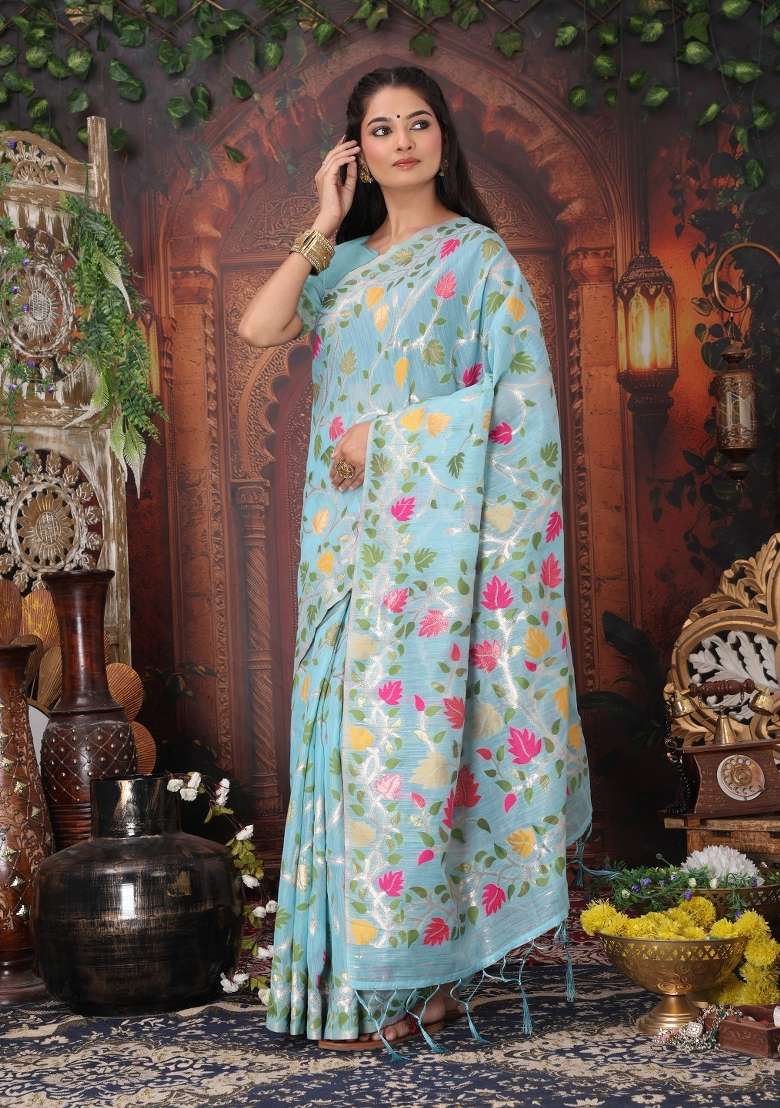 Blue Floral Print Linen Saree Set for Diwali and Festive Wear - Indya