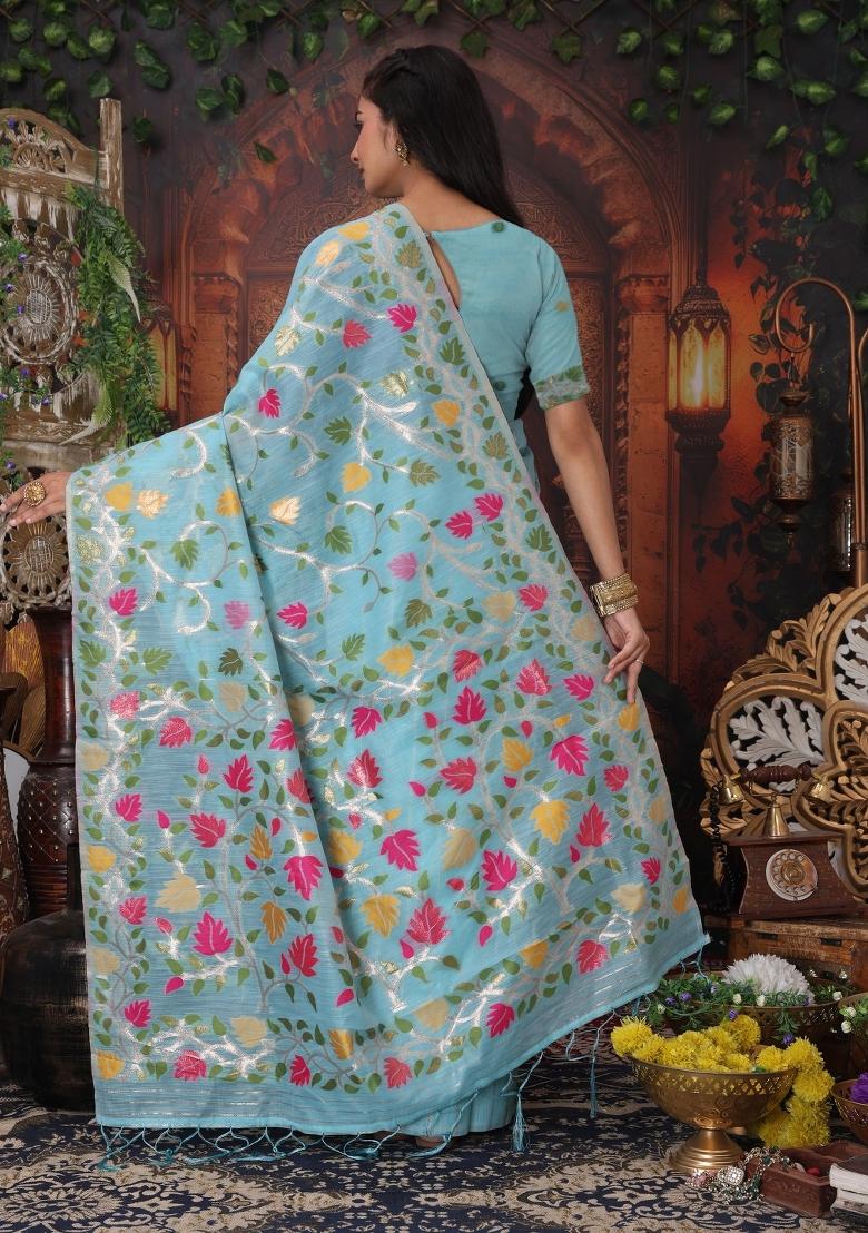 Blue Floral Print Linen Saree Set - Indya