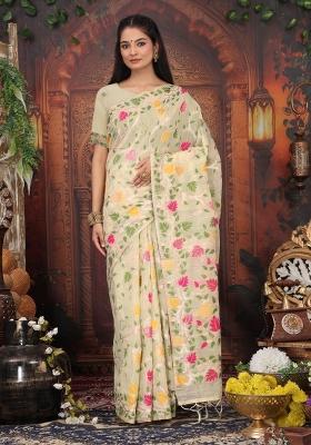 Cream Floral Print Linen Saree Set
