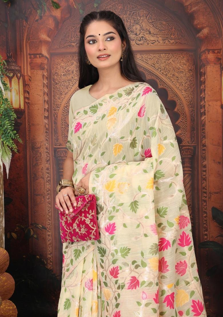Cream Floral Print Linen Saree Set - Indya