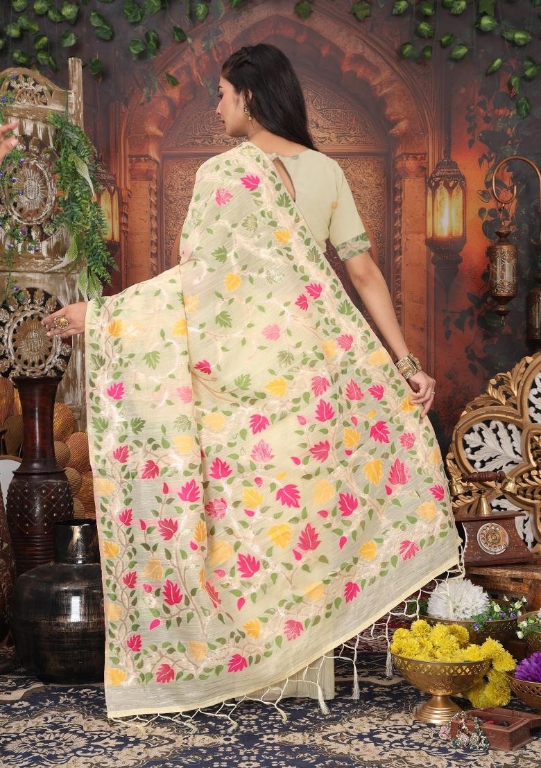 Cream Floral Print Linen Saree Set - Indya