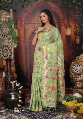 Green Floral Print Linen Saree Set