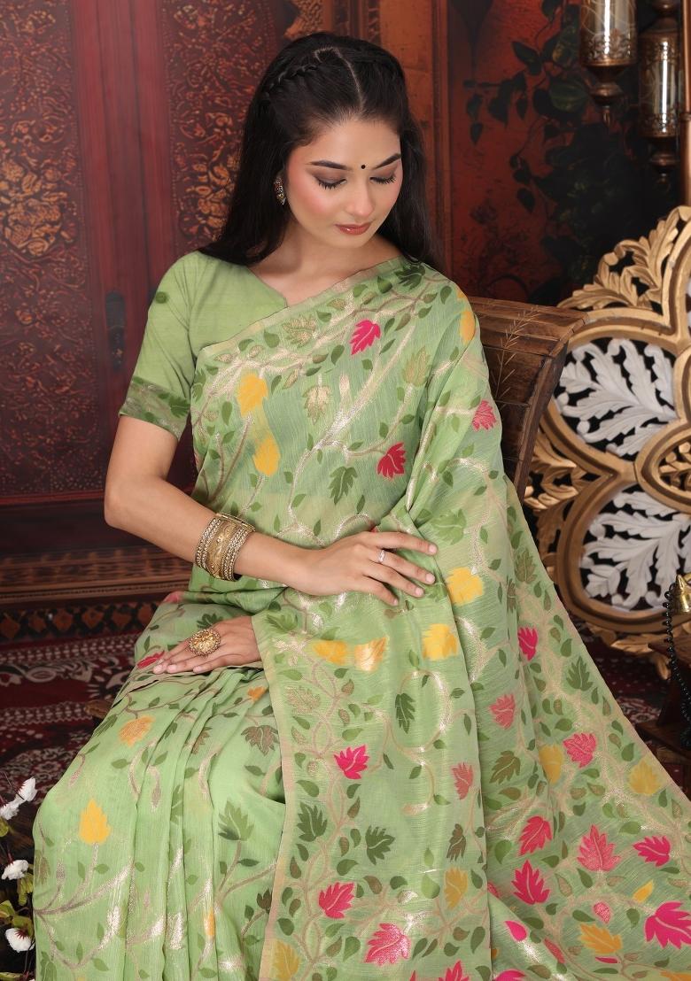 Green Floral Print Linen Saree Set - Indya