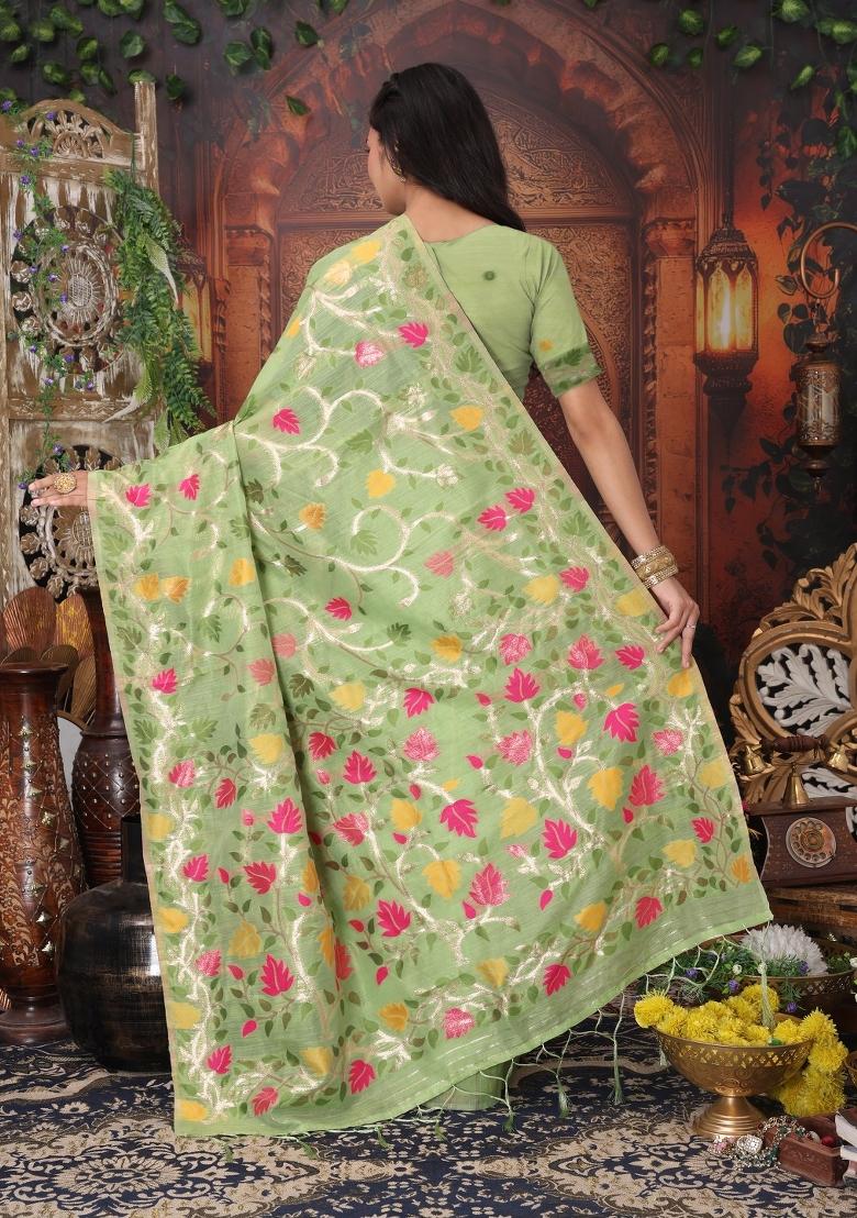 Green Floral Print Linen Saree Set - Indya
