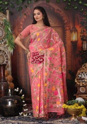Pink Floral Print Linen Saree Set