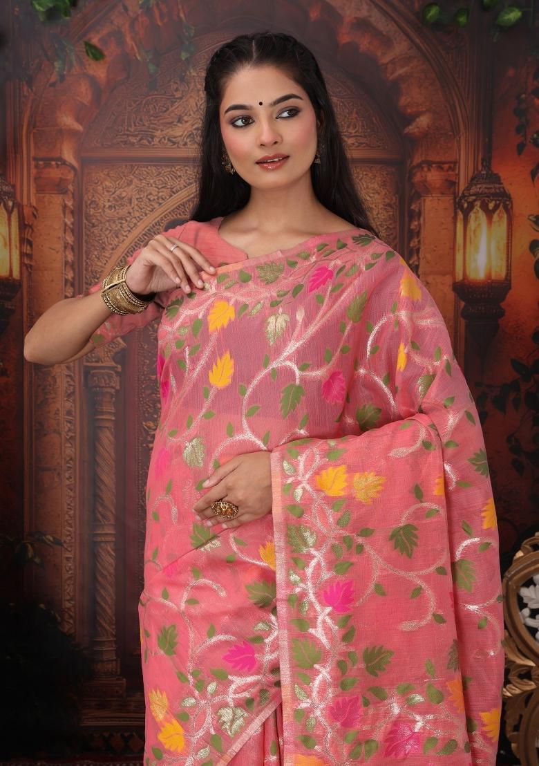 Pink Floral Print Linen Saree Set - Indya