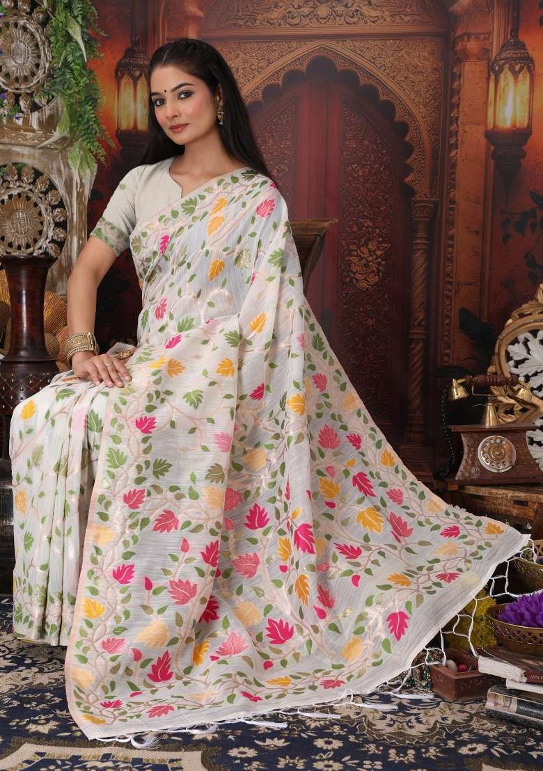 White Floral Print Linen Saree Set for Diwali and Festive Wear - Indya