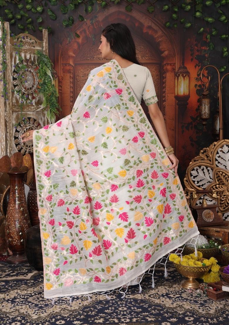 White Floral Print Linen Saree Set - Indya