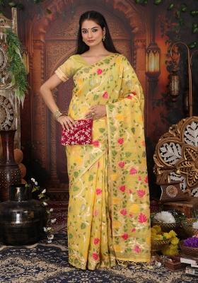 Yellow Floral Print Linen Saree Set