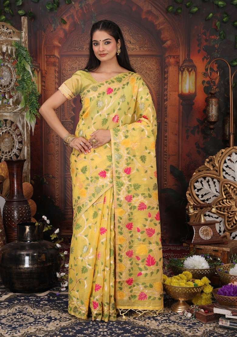 Yellow Linen Saree Set with Floral Print for Diwali | Wedding & Festive Wear - Indya