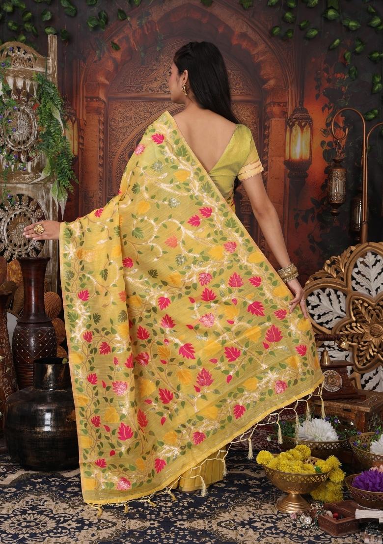 Yellow Floral Print Linen Saree Set - Indya