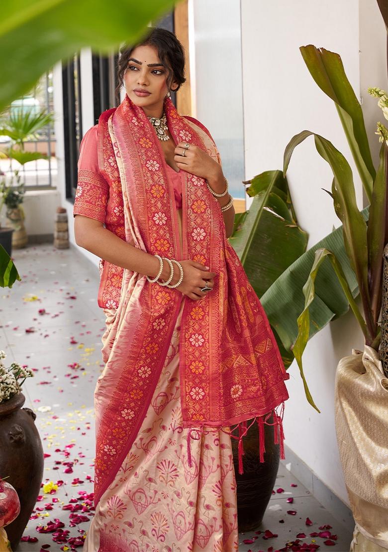 Cream Zari Work Silk Saree Set - Indya