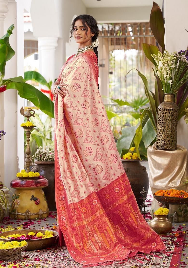 Cream Zari Work Silk Saree Set - Indya