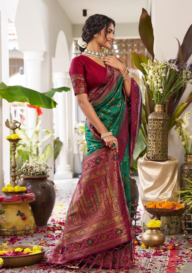 Dark Green Zari Work Silk Saree Set - Indya