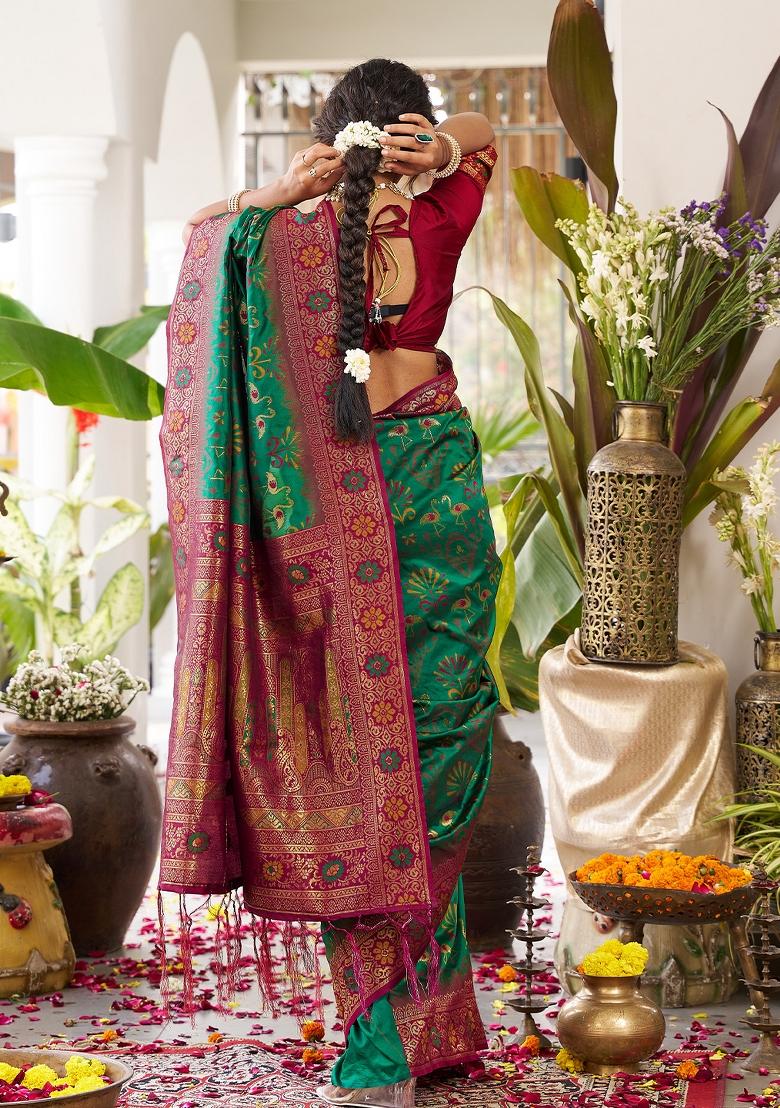 Dark Green Zari Work Silk Saree Set - Indya