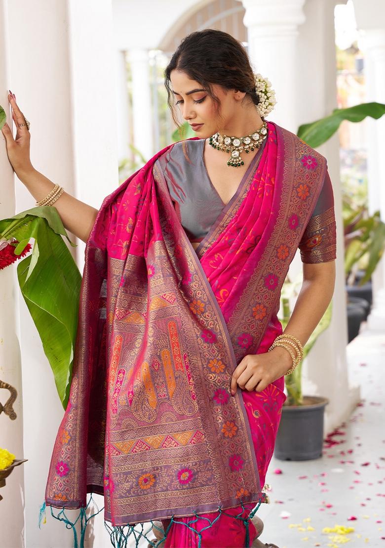 Magenta Zari Work Silk Saree Set - Indya
