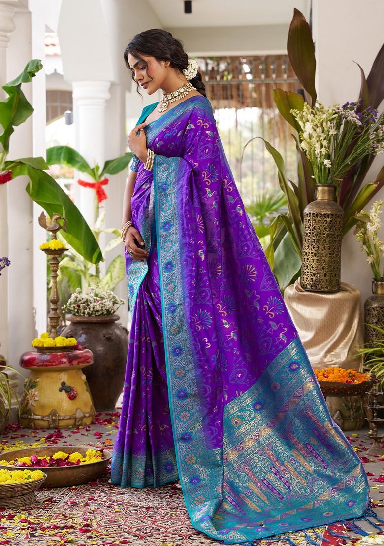 Violet Zari Work Silk Saree Set - Indya