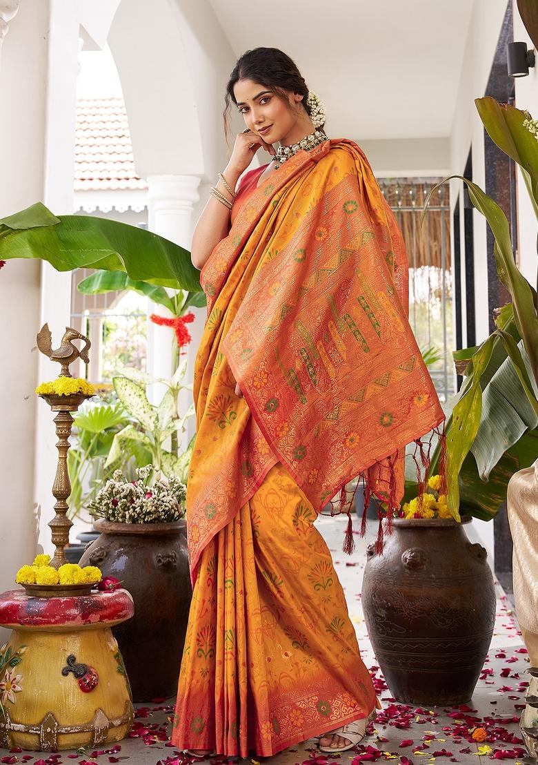 Yellow Zari Work Silk Saree Set - Indya