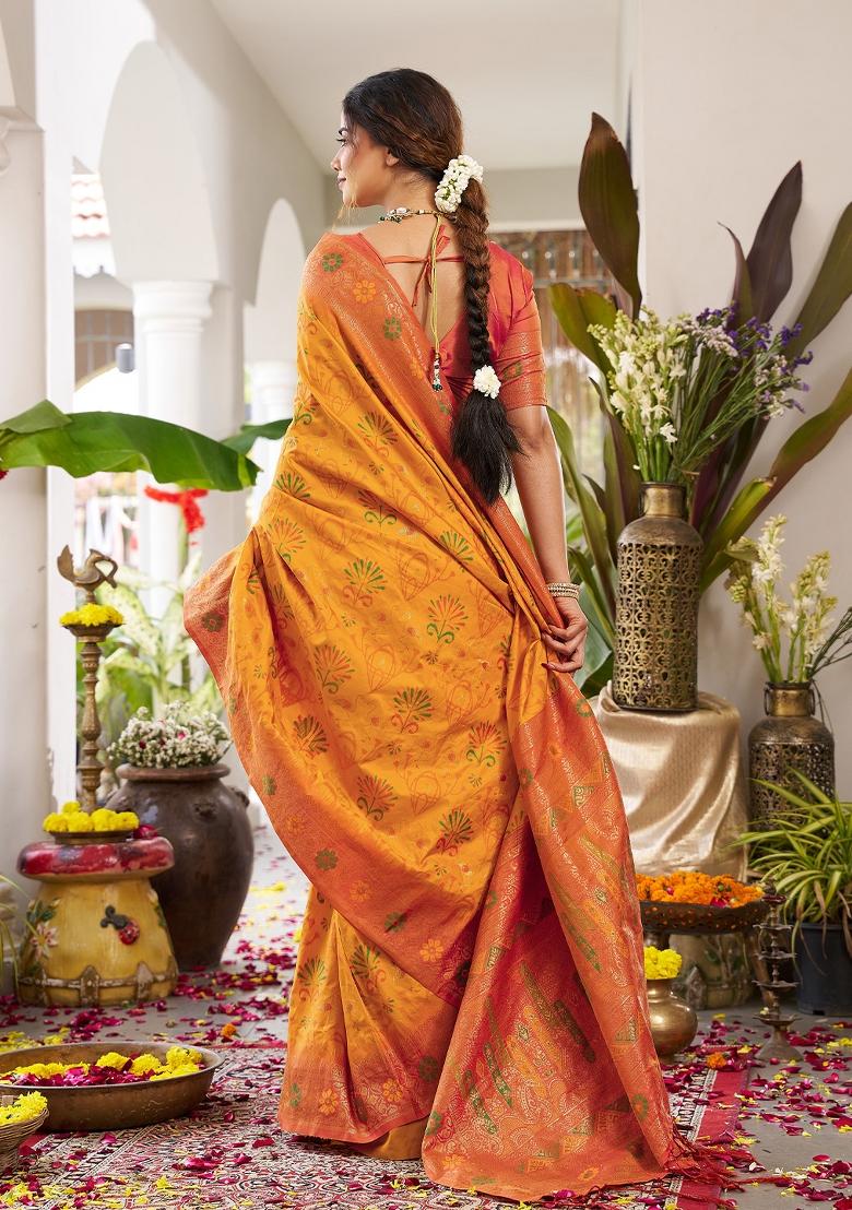 Yellow Zari Work Silk Saree Set - Indya