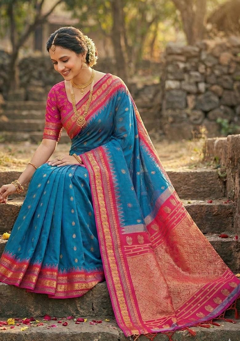 Aqua Blue Zari Work Silk Saree Set - Indya