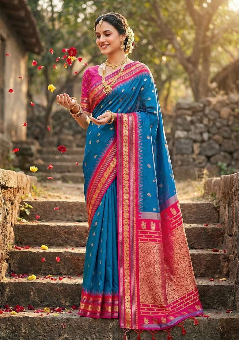Aqua Blue Zari Work Silk Blend Saree Set for Diwali and Festive Wear - Indya