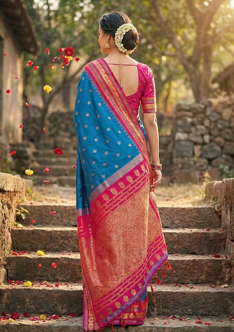 Aqua Blue Zari Work Silk Saree Set - Indya