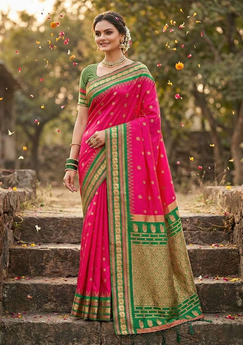 Coral Zari Work Silk Blend Saree Set for Diwali and Festive Wear - Indya