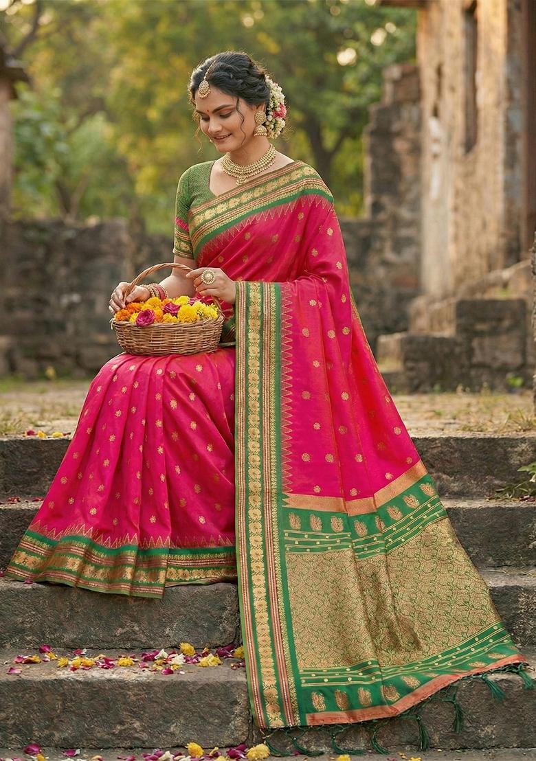 Coral Zari Work Silk Saree Set - Indya