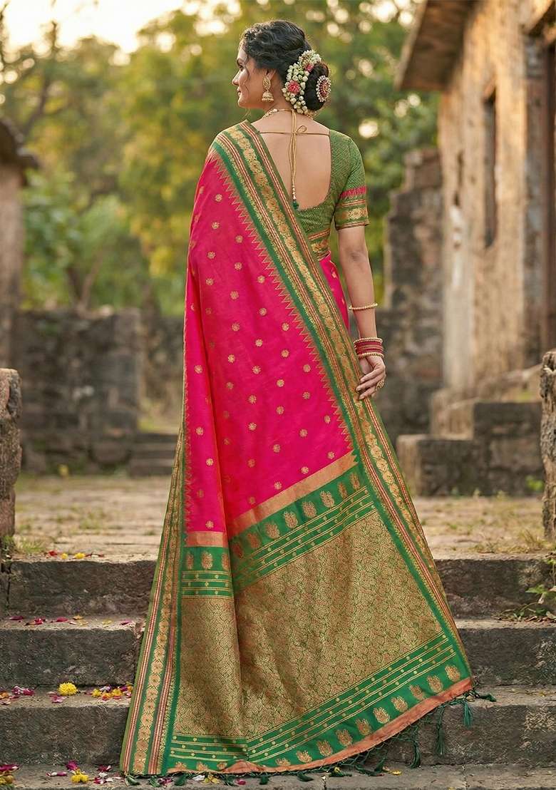 Coral Zari Work Silk Blend Saree Set for Diwali and Festive Wear - Indya