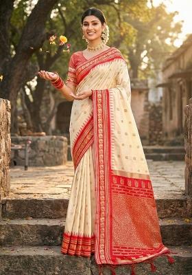 Cream Zari Work Silk Saree Set
