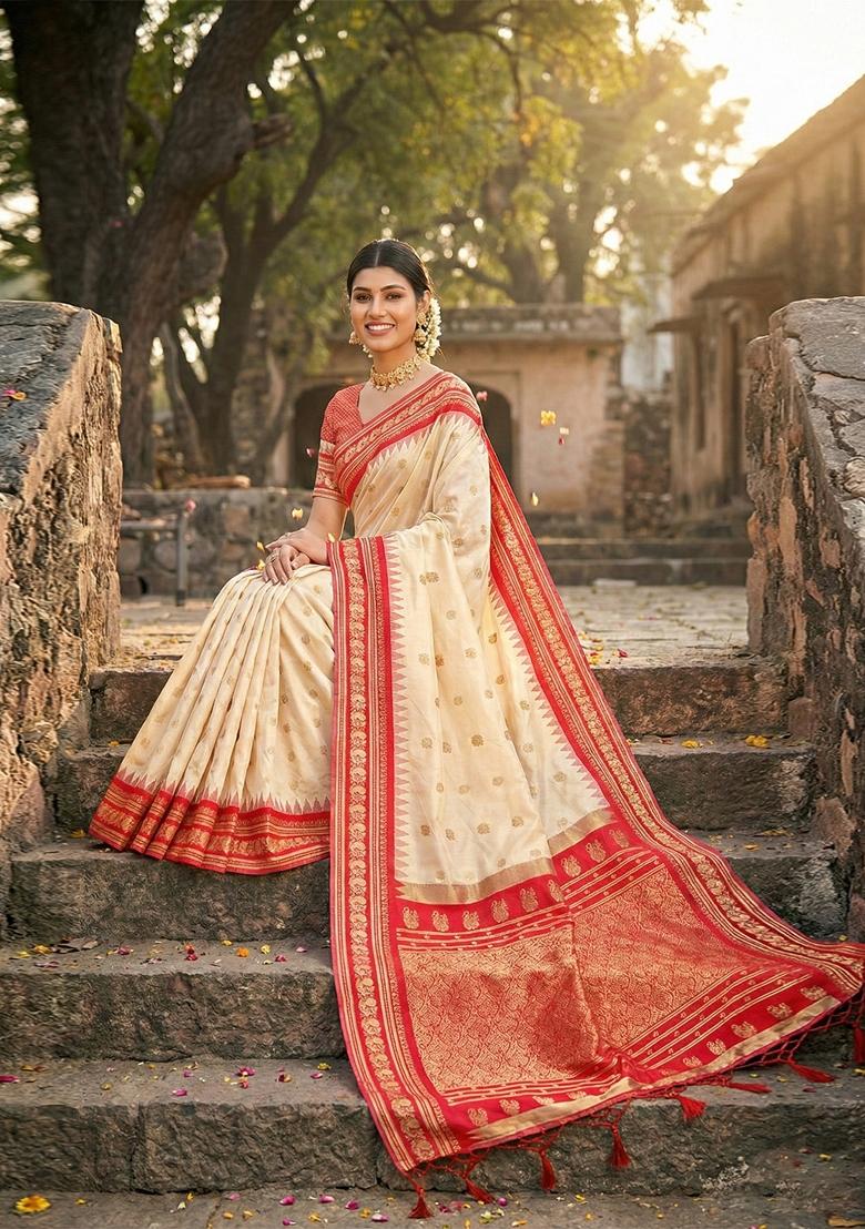 Cream Zari Work Silk Saree Set - Indya
