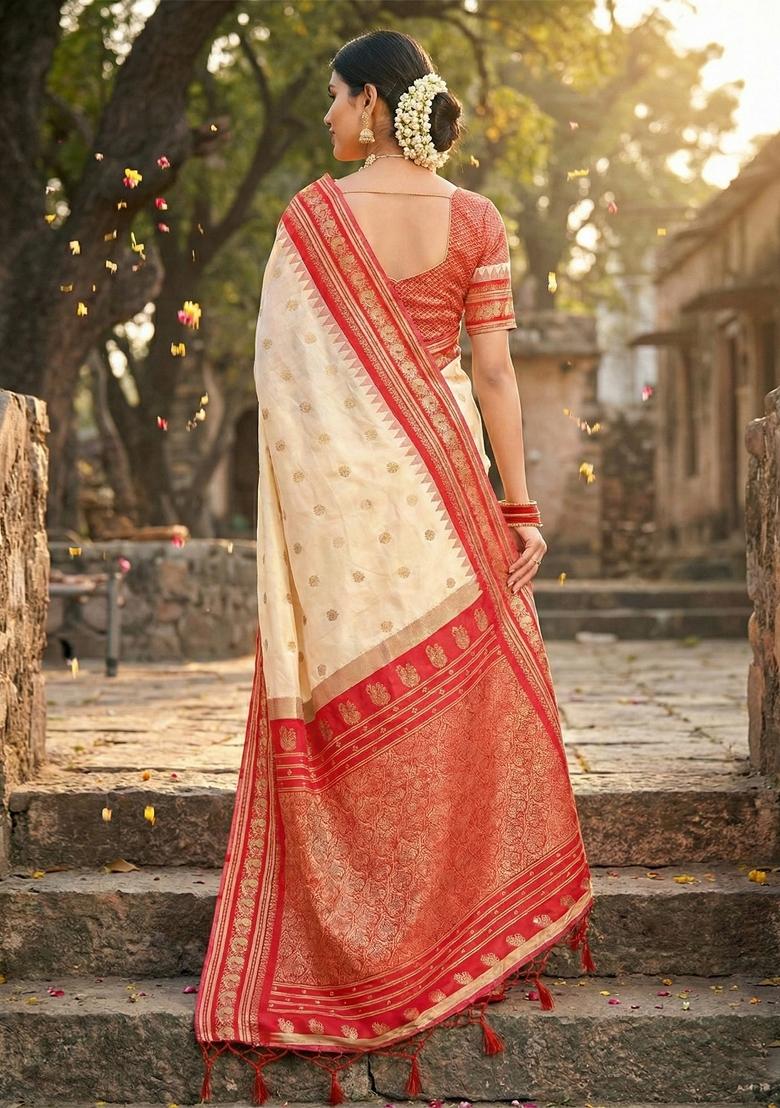 Cream Zari Work Silk Saree Set - Indya