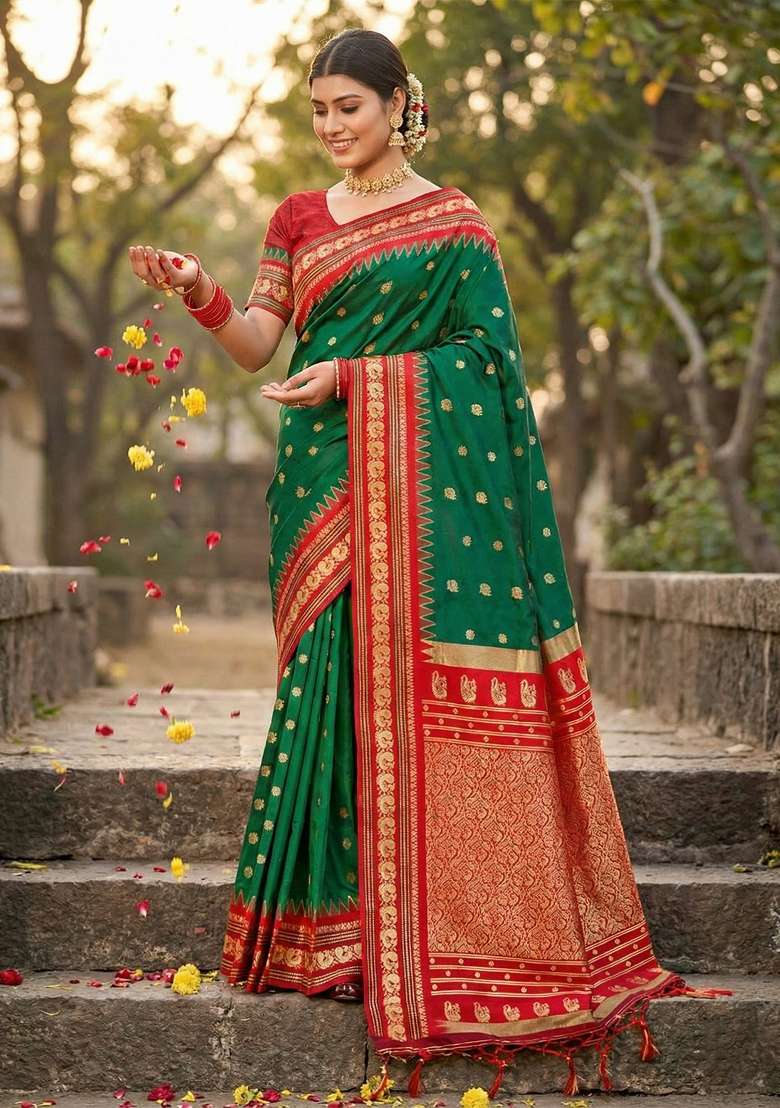 Dark Green Zari Work Silk Blend Saree Set for Diwali and Festive Wear - Indya