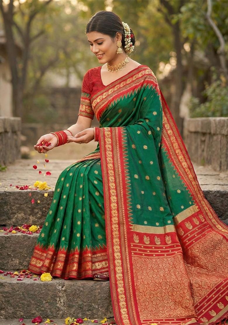 Dark Green Zari Work Silk Saree Set - Indya