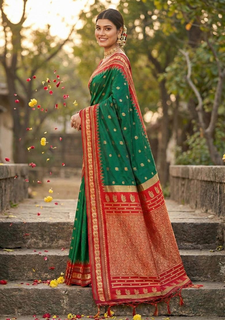 Dark Green Zari Work Silk Saree Set - Indya