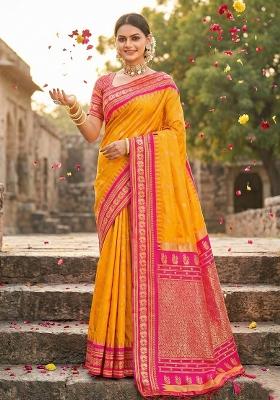 Yellow Zari Work Silk Saree Set