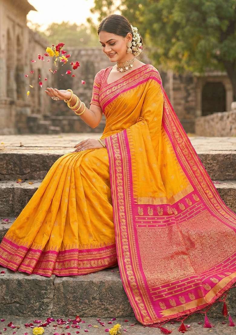 Yellow Silk Blend Saree Set with Zari Work for Diwali | Wedding & Festive Wear - Indya