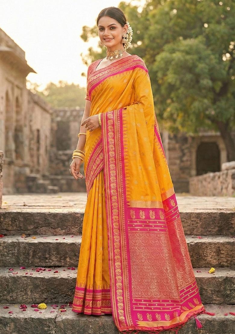 Yellow Zari Work Silk Saree Set - Indya