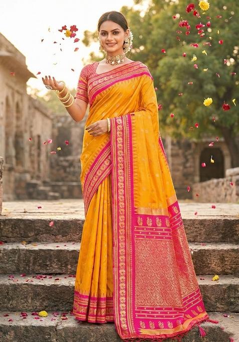 Yellow Zari Work Silk Blend Saree Set