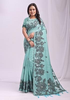 Blue Floral Print Linen Saree Set