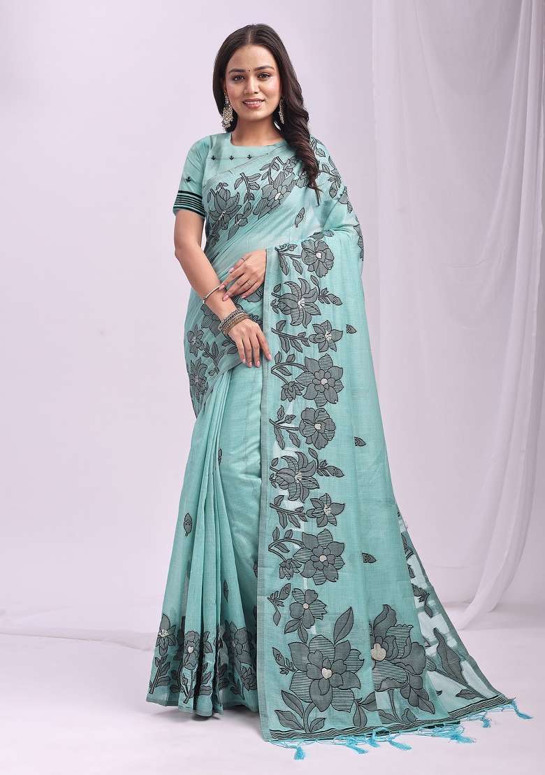 Blue Linen Saree Set with Floral Print for Diwali | Wedding & Festive Wear - Indya