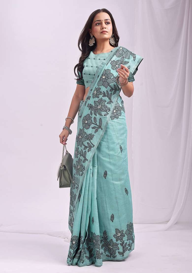 Blue Linen Saree Set with Floral Print for Diwali | Wedding & Festive Wear - Indya