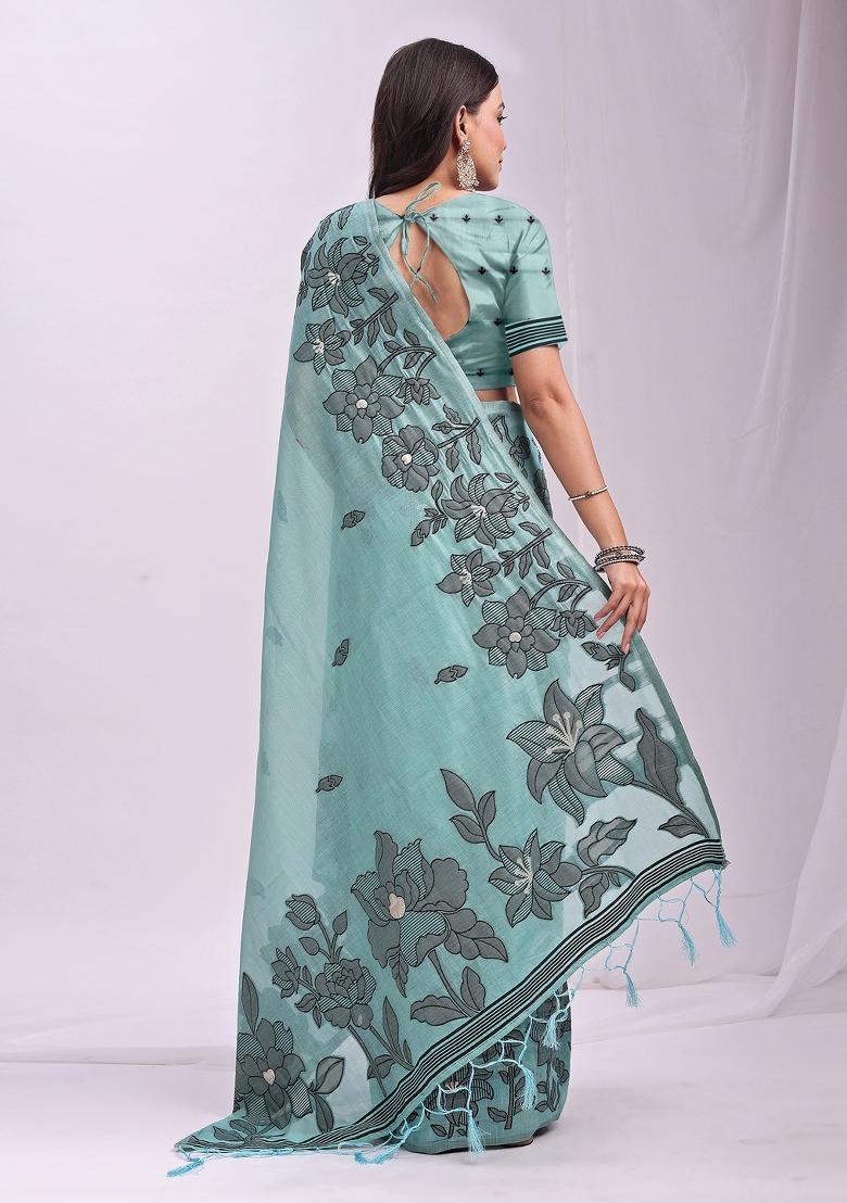 Blue Floral Print Linen Saree Set - Indya