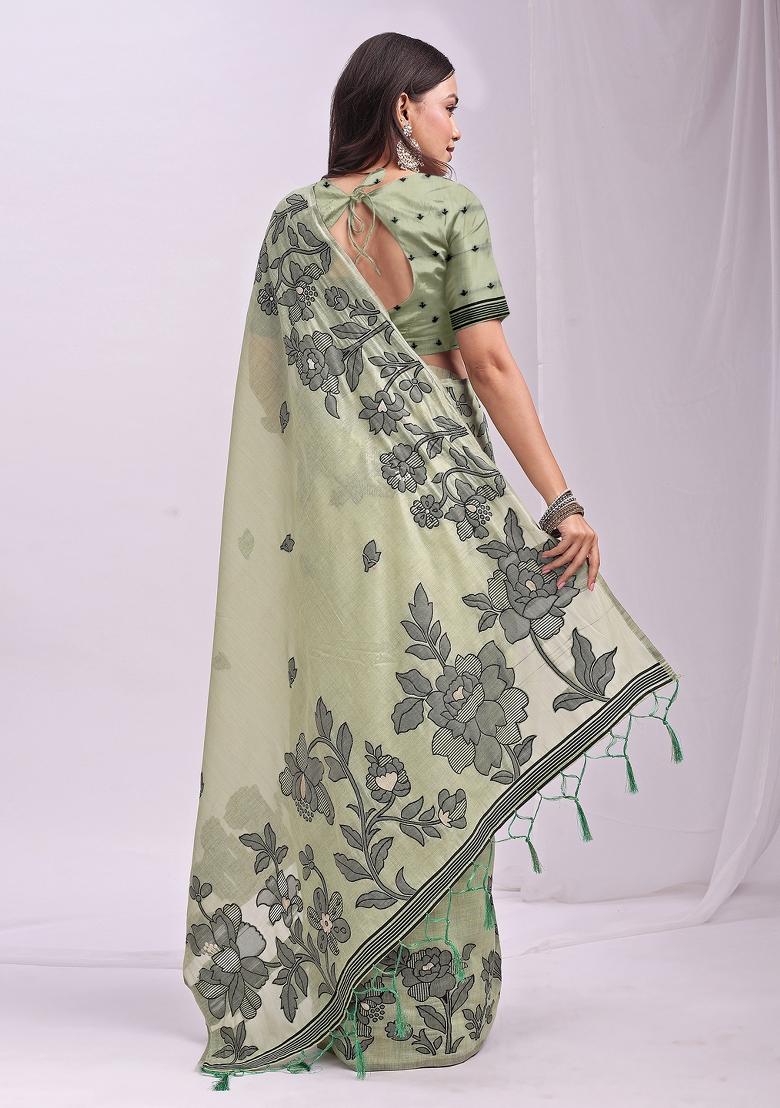 Green Floral Print Linen Saree Set - Indya